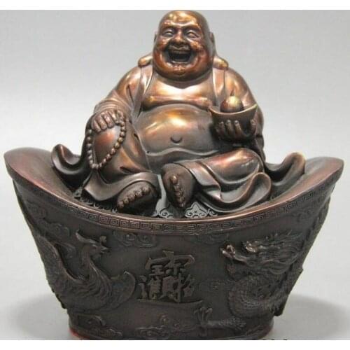 China Bronze Copper Yuan Bao Wealth Money Dragon Phoenix Maitreya Buddha Statue