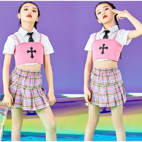 2021 JK Style Girls' Jazz Dance Costume Short Sleeve Hiphop Suit Pink Plaid Catwalk Jazz Show Outfits Hip Hop Kids Wear DNV14652