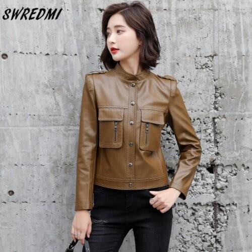 SWREDMI Motorcycle Leather Jackets Women Stand Collar Pockets Zipper Coat Female Faux Leather Suede High Quality Plus Size M-5XL