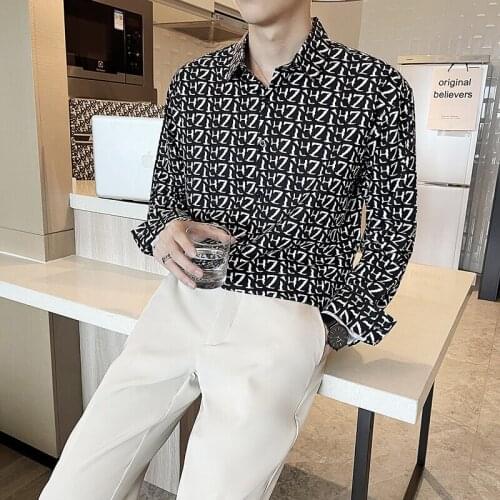 2021 Luxury Letter Print Shirts Men Autumn Long Sleeve Casual Shirt Fashion Loose Streetwear Korean Tops Social Male Clothing