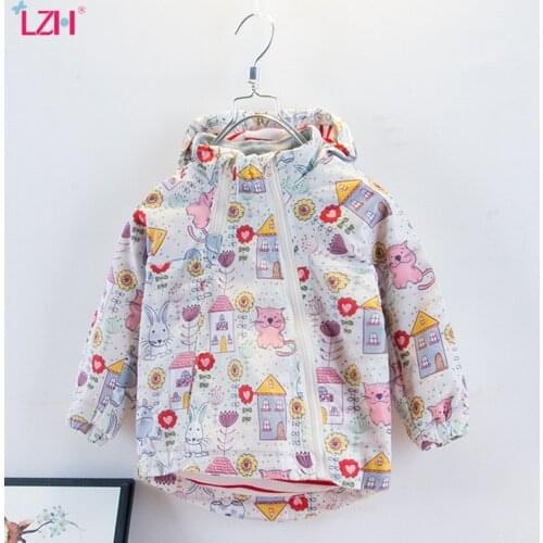LZH 2020 Childrens Clothing New Girls Windproof Waterproof Sweet Cartoon Cow Printing Jacket Double Zipper Casual Trench Coats