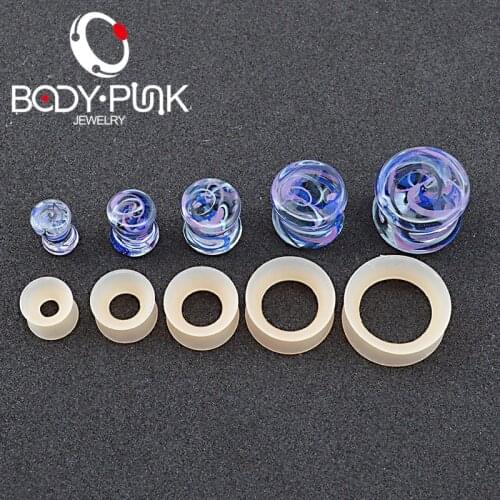 BODY PUNK Trendy Piercing Plugs And Tunnels Jewelry 4pcs Pyrex Glass Purple Blue Black Stripe Plug With Flesh Silicone Plug