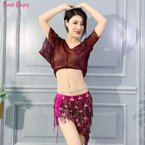 New belly dance performance clothing net top + sequin skirt performance training suit women Oriental dance Dance set