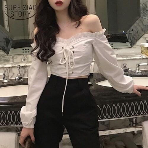 Solid Cotton Strap Long Sleeve Office Lady Sweet Blouse Blusa Chic Spring One-word Shoulder Shirt Vintage Tops for Women 14314