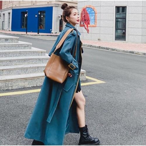 High-End Trench Coat Plus Long 2021 Autumn New Korean Loose Waist Peacock Blue Double Breasted Stitching Color Coat Female