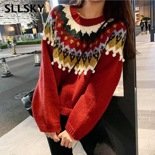 Sllsky Christmas Jacquard Pullover round neck sweater women Autumn Winter Heavy industry Loose Casual Knitted Warm Thick Tops