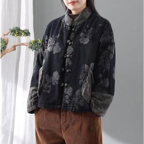 Retro Denim Print Plus Cotton Coat Women Loose Outerwear Stitching Winter Cotton Linen Button Short Jacket Mujer Chaqueta y1093