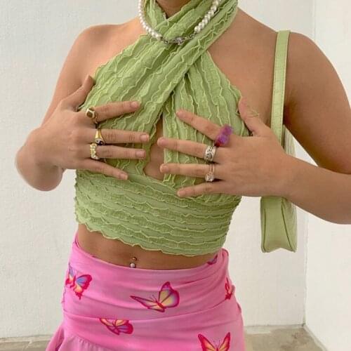 2021 Summer Womens Halter Halter Sexy Wrapped Chest Green White Blue Fashion Casual V Neck Vest Camisole Top Temperament Party