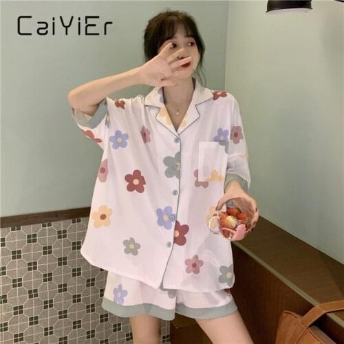 CAIYIER Flower Print Girls Nightwear Summer Short Sleeve Shorts Kawaii Pajamas Set For Women Two Piece Korean Lovely Loungewear