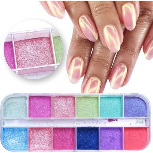 12 Grids Chrome Nail Powder Dipping Shimmer Dust Colorful Pigment Powder Rubbing Pearl Glitter For Nail Art Decorations LAZGF-1