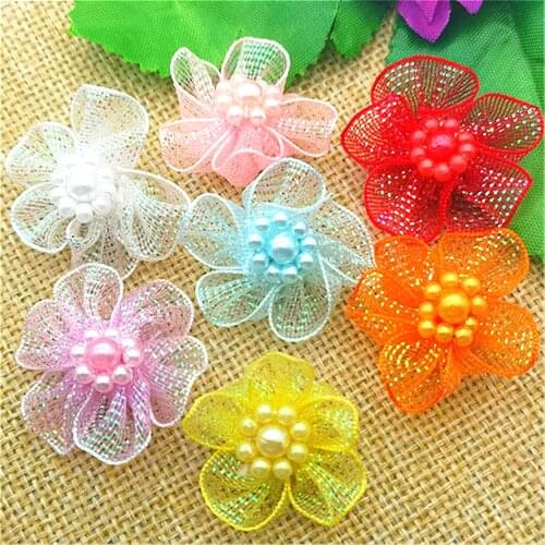 20 pcs pick Organza Ribbon Flowers Bows Beads Appliques Wedding Craft DIY Christmas Decoration