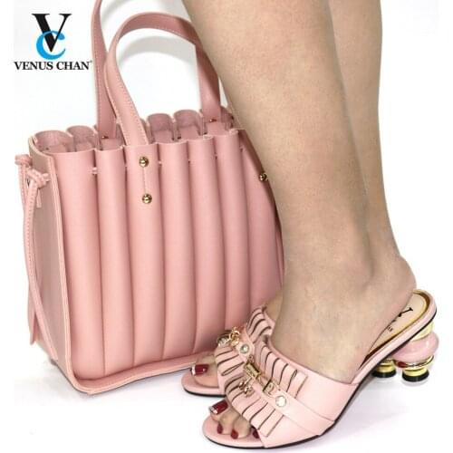 African Lady Matching Shoe and Bag Material with Crystal Italian Women Shoes and Bags Set for Party in Pink Color