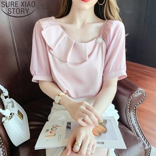 Blusas Mujer De Moda 2021 Verano Korean Silk Satin Blouse Summer New Office Lady Fashion Short Sleeve Blouses Womens Tops 14289