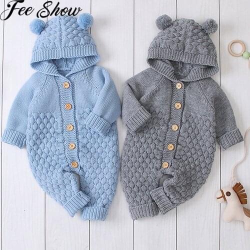 3-18 Month Newborn Baby Cartoon Knitted Sweater Romper Autumn Winter Kids Boys Girls Hooded Bear Ear Jumpsuits Jackets Overall
