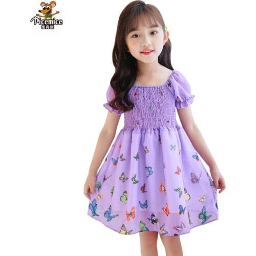 Girls Butterfly Printed Princess Dress 2021 Kids Short Sleeve Dresses Summer Children Clothing 2 3 4 5 6 7 Years Girls Outfits