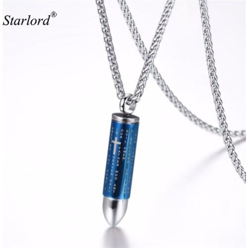 Blue Bullet Pendant Charms Necklace Hiphop Jewelry 316L Stainless Steel/Gold Color Chain For Men Cross Prayer Necklace GP2104L