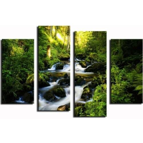 JIE DO ART 4 Pieces Waterfall With Tree Landscape Home Decor Picture Modern Wall Canvas Print Painting By Numbers