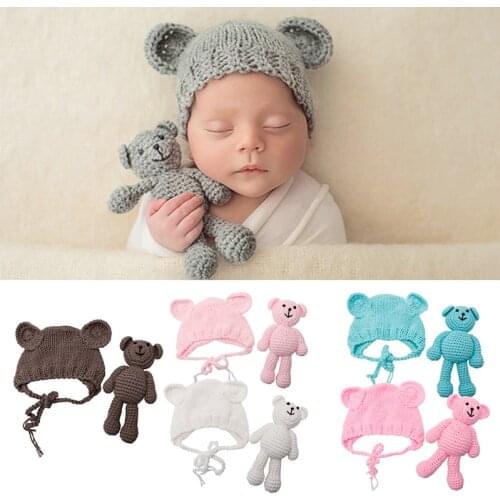Newborn Baby Girl Boy Photography Prop Photo Crochet Knit Costume Bear +Hat Set