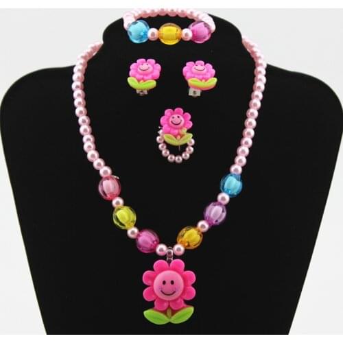 Jewelry Set-Necklace Bracelet Earring Ring cartoon cat unicorn sunflower plastic pearl flower accessories for children