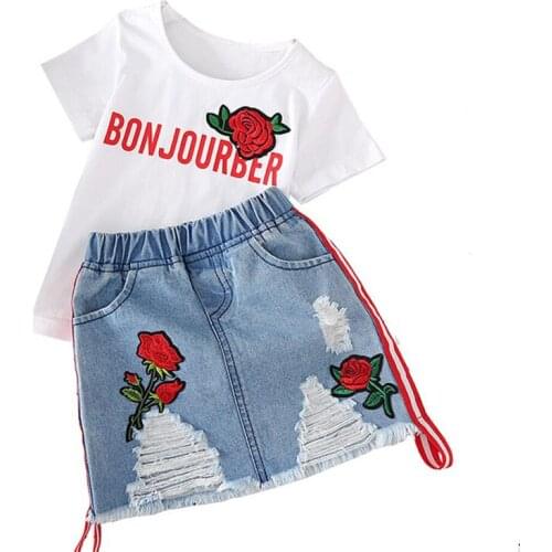 Cute Girls summernew rose embroidery childrens short-sleeved T-shirt + denim skirt two-piece fashion suit
