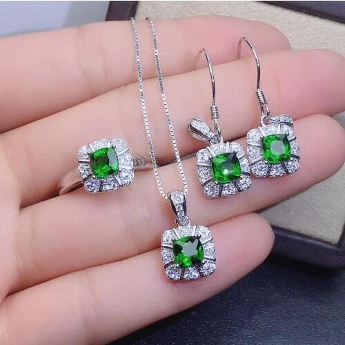 Fashion square Natural green diopside gem S925 silver ring Pendant earrings natural gemstone Jewelry Set girl party gift jewelry