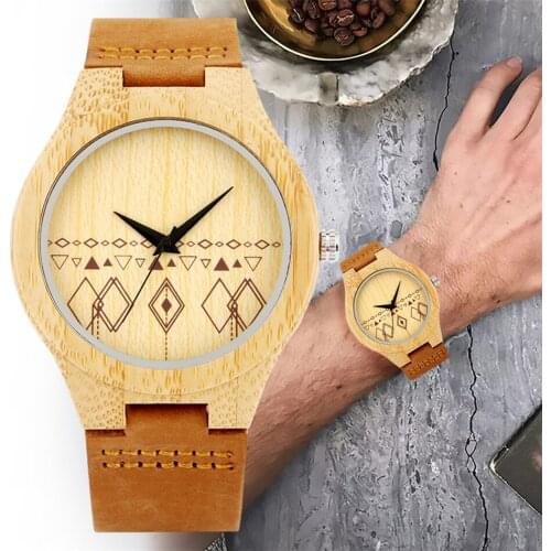 Bamboo Wood Men Watch Quartz Genuine Leather Wristwatch Stylish Men Casual Natural Wood Timepiece New 2020