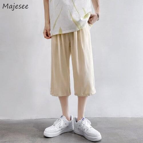 Men Summer Casual Pants Solid Breathable Thin Comfort Mid-calf Males Large Size Trousers M-3XL Beachwear Teenagers Fashionable