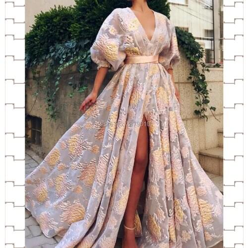 Elegant A-Line V-Neck Evening Dress Floor-Length Beaded Organza Short Sleeves Party Dress Formal Jacquard Robe De Soiree Aibye