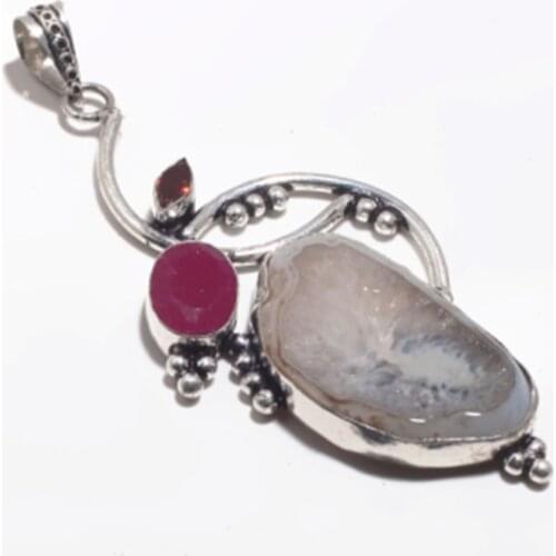 Genuine Solar Agate + Ruby Pendant Silver Overlay over Copper , Hand made Women Jewelry gift