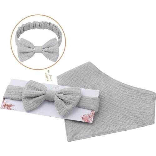 Princess Bowknot Hair Band Solid Color Snap Button Bib Set Soft Cotton Baby Elastic Bow Headband Feeding Drool Saliva Towel Kit