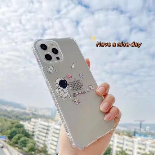 Cute Cartoon Astronaut Space Transparent Case For iPhone 12 Pro Max 11 Pro Max X XS XR 6 6S 7 8 Plus Funny Clear Soft TPU Cover