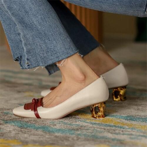 PXELENA Vogue 2020 Autumn Hot Strange Med Heels Pumps Women Real Genuine Leather Shoes Knot Slip On Footwear Square Toe Beige 40