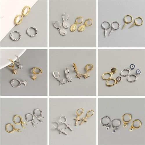 PONYKISS Real 925 Sterling Silver Zircon Shining Star Geometric Delicate Hoop Earrings Hot Fashion Women Party Accessory Gift