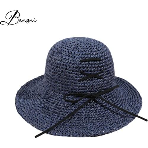 Womens Big Brim Sun Hat For Women Floppy Foldable Bowknot Raffia Straw Hat Summer Beach Cap Girls