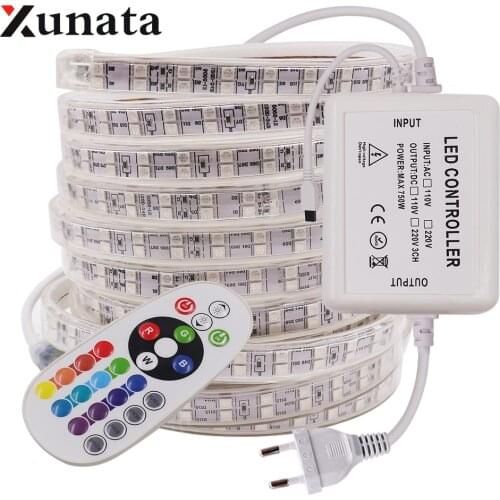 5050 RGB LED Strip Light AC 220V IP67 Waterproof Led Tape Rope Light Double Row 120LEDs/m For Home Decoration with 24Key Remote