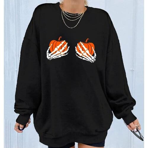 Women Long Sleeve Skull Hand Pumpkin Halloween Pullover Sweatshirt Top Shirt Solid Color Casual Daily All-match Girls T-shirt