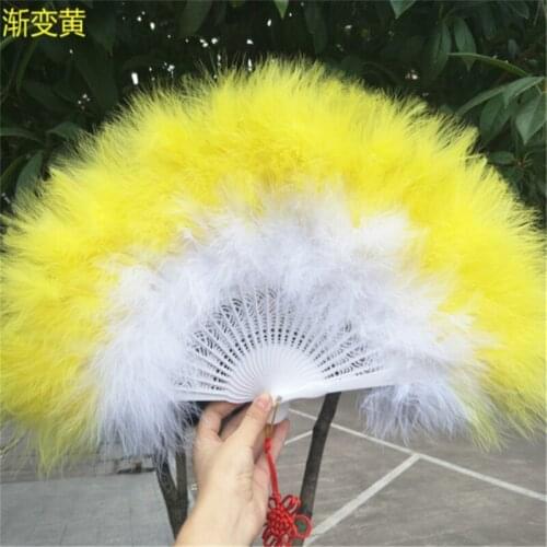 Yellow and white Chinese Style Feather Fan For Dance Props Wedding Party Gift Hand Held Fan Folding Fan 50X30 cm