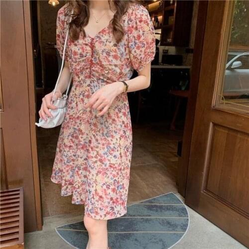 Floral skirt womens V neck puff sleeve dress spring and summer 2021 new French slim chiffon skirt dresses for women party