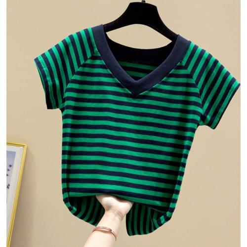 Striped T Shirt Women Short Sleeve V Neck Plus Size 3XL Woman Tshirts Casual Korean Fashion Slim T-shirts Tee Shirt Female Tops
