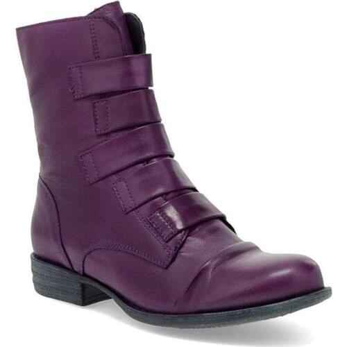 Women Leather Strap Side Zipper Flat Boots