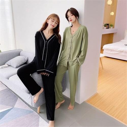 Modal ladies pajamas long-sleeve trousers two-piece stretch plus size loose casual autumn new home service pijamas women 2020