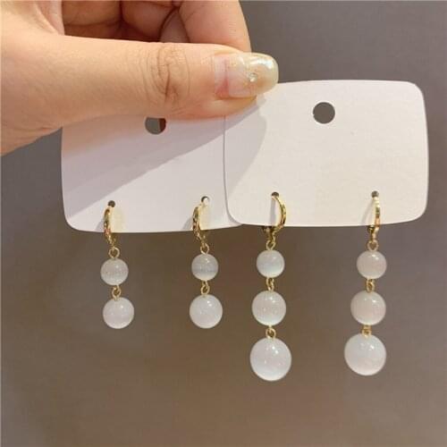 MENGJIQIAO Korean Cute Opal Ball Long Hoop Earrings For Women Girls Fashion Metal Circle Boucle d'oreille Jewelry