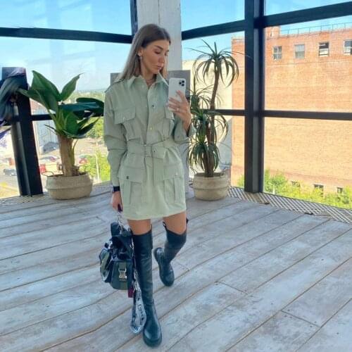 Shyloli Women Vintage Front Pockets Sashes Mini Dress Long Sleeve Straight Green Party Prom Dress 2021 New Fashion Autumn Dress