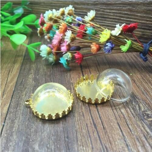 20sets 20/25mm half round glass domes gold color crown base tray glass vial pendants making kits jewelry necklace charm setting