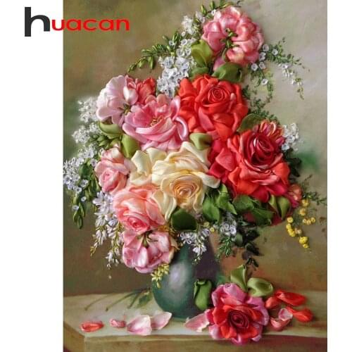Huacan 5D Diamond Painting New Arrivals Rose Vase Diamond Mosaic Set For Embroidery Cross Flower Picture Of Rhinestones Wall Art