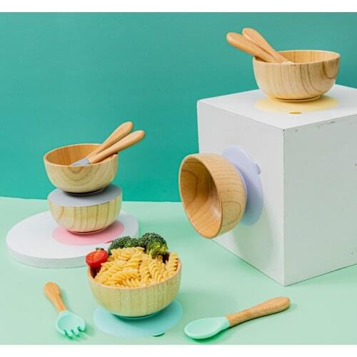 Wooden Silicone Bowl Baby Feeding Set Waterproof Spoon Non-Slip Feedings Silicone Bowl Tableware Baby Products Baby Feed Bowl