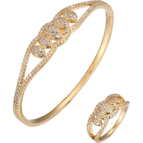 HIBRIDE Luxury Baguette Cubic Zirconia Bangle Ring Set for Women Wedding Anniversary Bridal Jewelry Ladies Hand Bangles N-1722