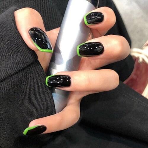 Artificial nails with glue Simple French Style Black Green Edge Wearing Nail Finished Fake Nail Nail Patch TY