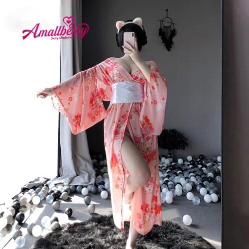 Kawaii Pink Kimono with White Bow-Knot Waistband and Thong Sexy Maid Cosplay Costumes for Woman Japanese AV Outfit 2021 New