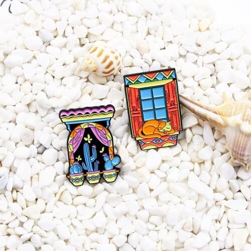Creative window Enamel Brooch The cat on the windowsill cactus Succulent plants Lapel Pin Floating window scenery Custom Badge